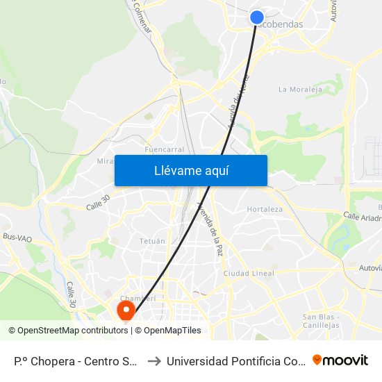 P.º Chopera - Centro Salud Valdavia to Universidad Pontificia Comillas - Icade map
