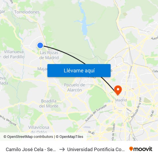 Camilo José Cela - Severo Ochoa to Universidad Pontificia Comillas - Icade map