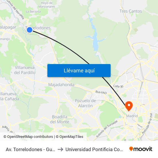 Av. Torrelodones - Guardia Civil to Universidad Pontificia Comillas - Icade map