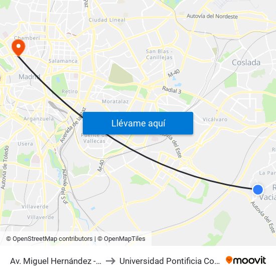 Av. Miguel Hernández - Los Astros to Universidad Pontificia Comillas - Icade map