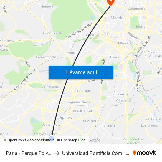 Parla - Parque Polvoranca to Universidad Pontificia Comillas - Icade map