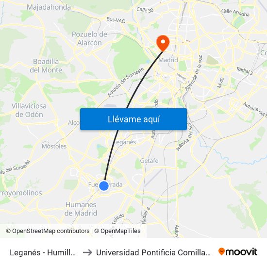 Leganés - Humilladero to Universidad Pontificia Comillas - Icade map