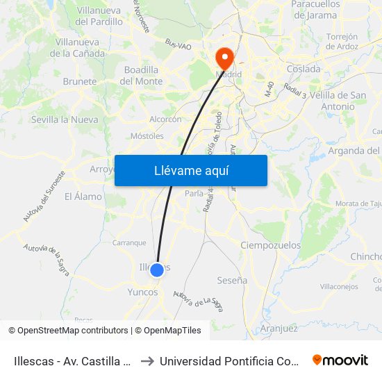 Illescas - Av. Castilla La Mancha to Universidad Pontificia Comillas - Icade map