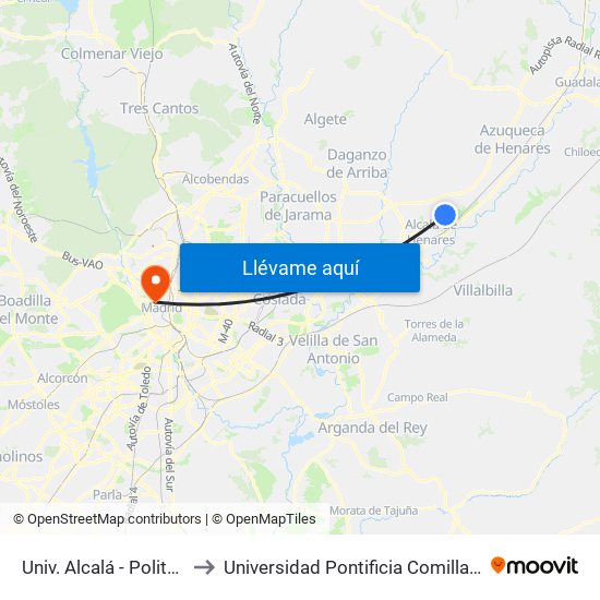 Univ. Alcalá - Politécnico to Universidad Pontificia Comillas - Icade map