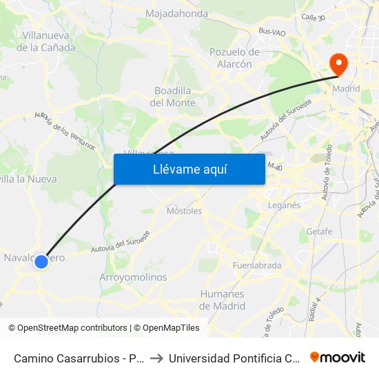 Camino Casarrubios - Plaza De Toros to Universidad Pontificia Comillas - Icade map