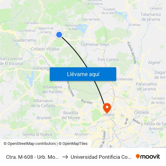 Ctra. M-608 - Urb. Montes Claros to Universidad Pontificia Comillas - Icade map