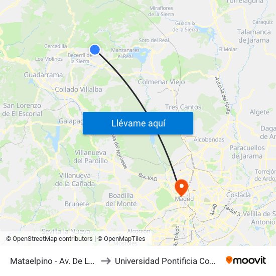 Mataelpino - Av. De Los Linares to Universidad Pontificia Comillas - Icade map