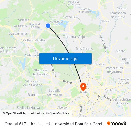 Ctra. M-617 - Urb. La Dehesa to Universidad Pontificia Comillas - Icade map