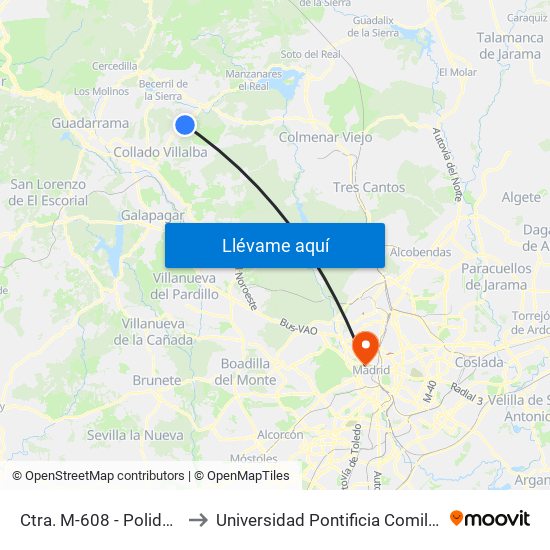 Ctra. M-608 - Polideportivo to Universidad Pontificia Comillas - Icade map