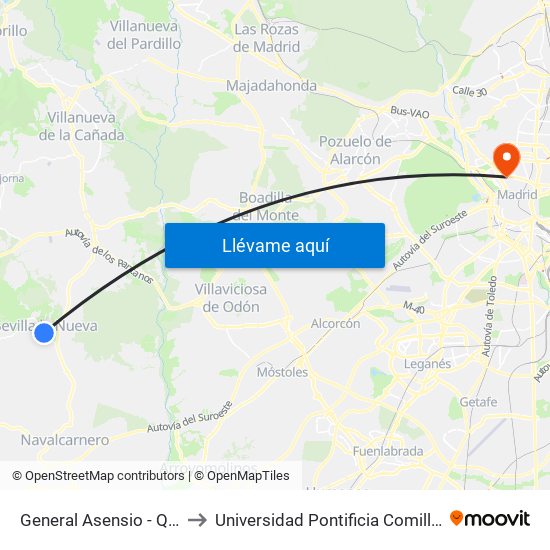 General Asensio - Quevedo to Universidad Pontificia Comillas - Icade map