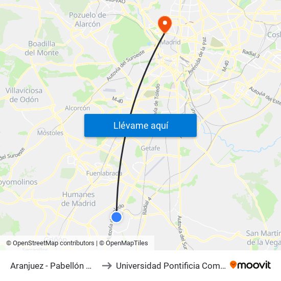 Aranjuez - Pabellón M4 El Nido to Universidad Pontificia Comillas - Icade map