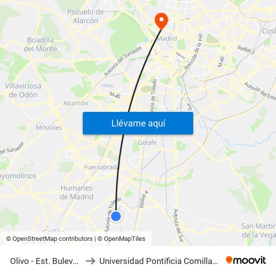 Olivo - Est. Bulevar Sur to Universidad Pontificia Comillas - Icade map