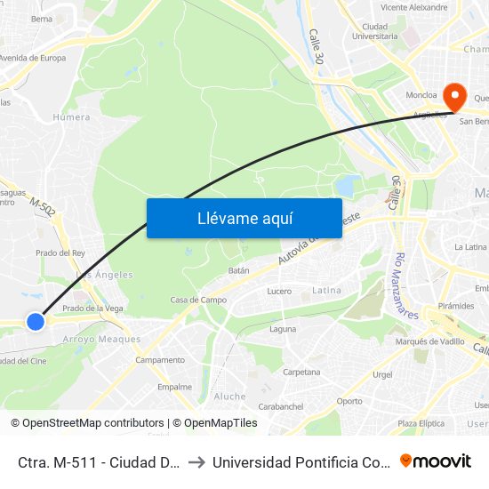 Ctra. M-511 - Ciudad De La Imagen to Universidad Pontificia Comillas - Icade map