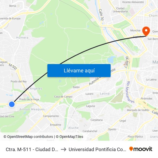 Ctra. M-511 - Ciudad De La Imagen to Universidad Pontificia Comillas - Icade map