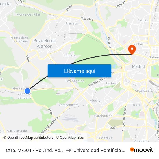 Ctra. M-501 - Pol. Ind. Ventorro Del Cano to Universidad Pontificia Comillas - Icade map