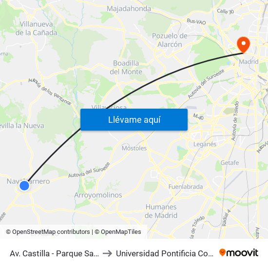 Av. Castilla - Parque San Sebastián to Universidad Pontificia Comillas - Icade map