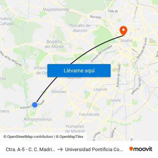 Ctra. A-5 - C. C. Madrid Xanadú to Universidad Pontificia Comillas - Icade map