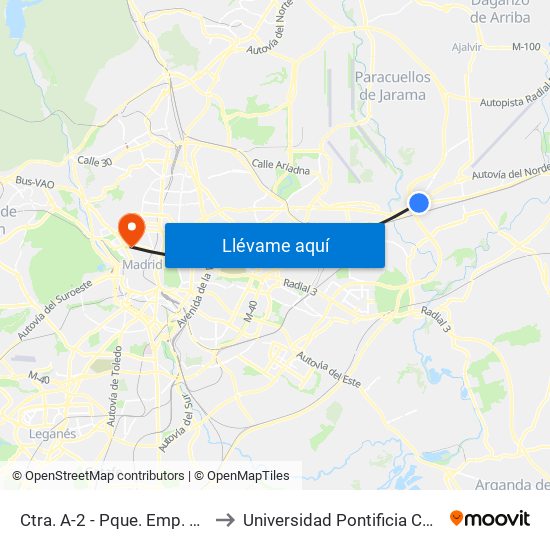 Ctra. A-2 - Pque. Emp. San Fernando to Universidad Pontificia Comillas - Icade map