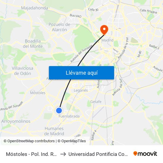Móstoles - Pol. Ind. Restaurante to Universidad Pontificia Comillas - Icade map