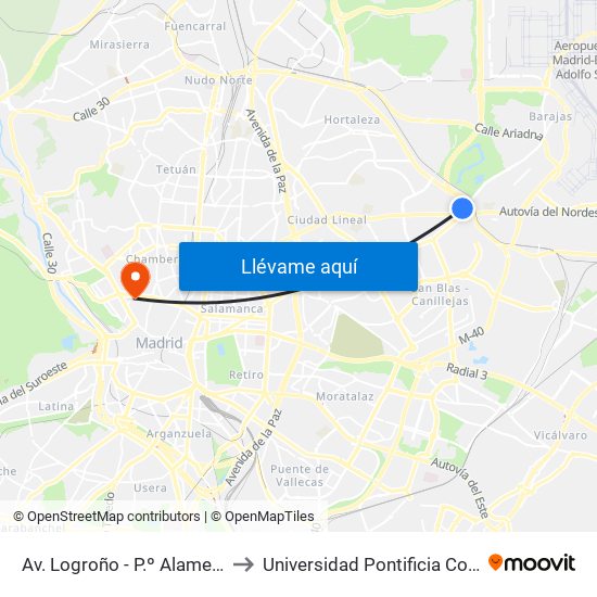 Av. Logroño - P.º Alameda De Osuna to Universidad Pontificia Comillas - Icade map