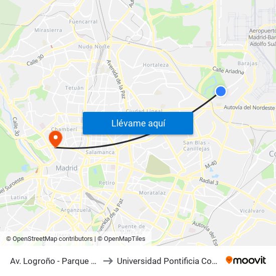 Av. Logroño - Parque El Capricho to Universidad Pontificia Comillas - Icade map