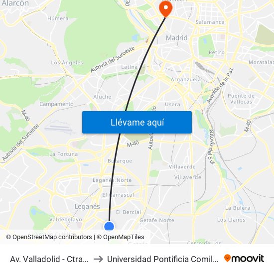Av. Valladolid - Ctra. M-406 to Universidad Pontificia Comillas - Icade map