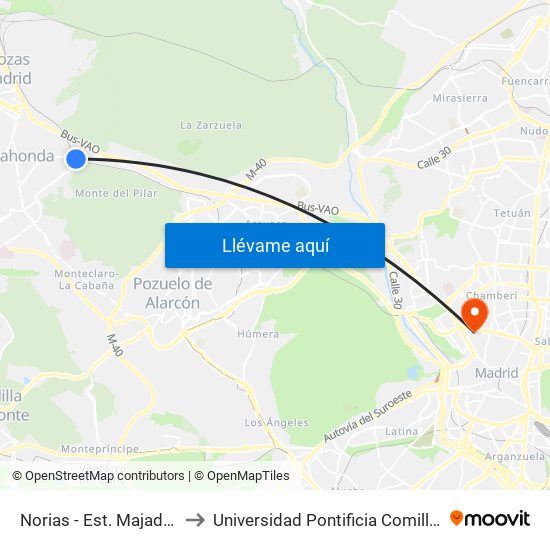 Norias - Est. Majadahonda to Universidad Pontificia Comillas - Icade map