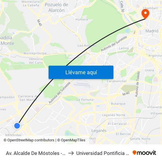 Av. Alcalde De Móstoles - Pintor Velázquez to Universidad Pontificia Comillas - Icade map