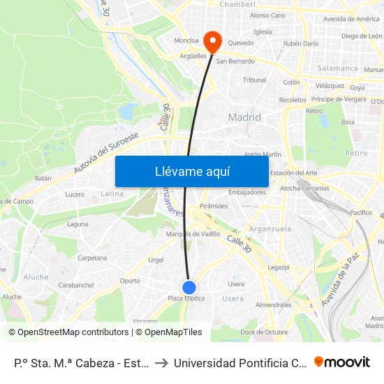 P.º Sta. M.ª Cabeza - Est. Plaza Elíptica to Universidad Pontificia Comillas - Icade map