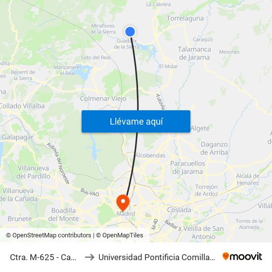 Ctra. M-625 - Camping to Universidad Pontificia Comillas - Icade map