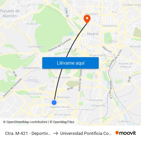 Ctra. M-421 - Deportivo Butarque to Universidad Pontificia Comillas - Icade map