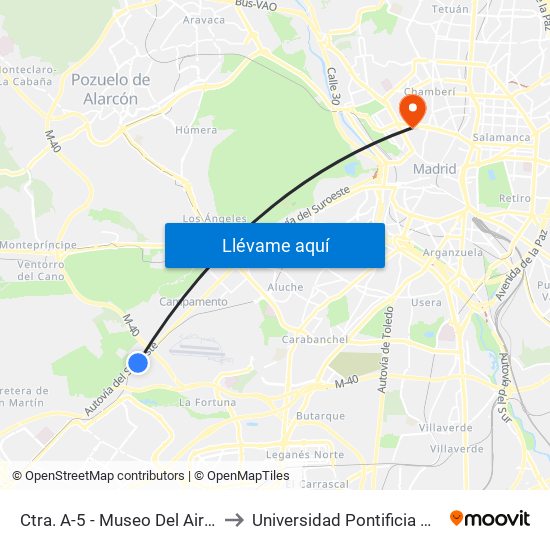 Ctra. A-5 - Museo Del Aire Y Del Espacio to Universidad Pontificia Comillas - Icade map