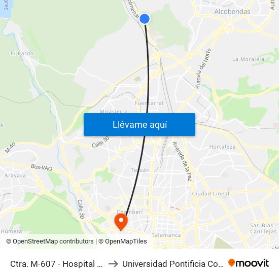 Ctra. M-607 - Hospital Cantoblanco to Universidad Pontificia Comillas - Icade map
