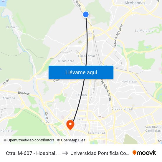 Ctra. M-607 - Hospital Psiquiátrico to Universidad Pontificia Comillas - Icade map