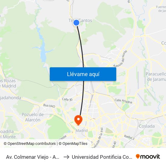 Av. Colmenar Viejo - Ayuntamiento to Universidad Pontificia Comillas - Icade map