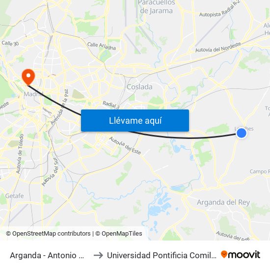 Arganda - Antonio Machado to Universidad Pontificia Comillas - Icade map