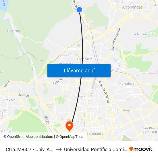 Ctra. M-607 - Univ. Autónoma to Universidad Pontificia Comillas - Icade map