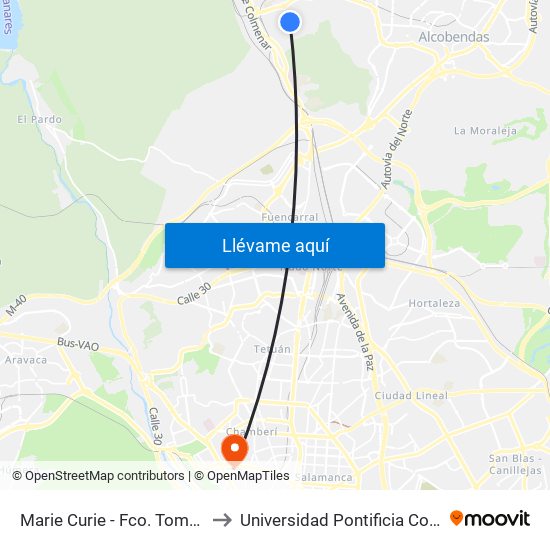 Marie Curie - Fco. Tomás Y Valiente to Universidad Pontificia Comillas - Icade map