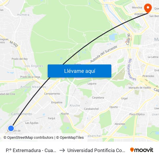 P.º Extremadura - Cuatro Vientos to Universidad Pontificia Comillas - Icade map