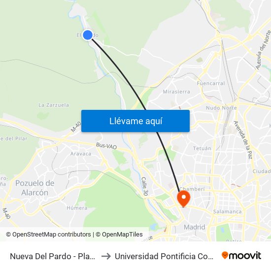 Nueva Del Pardo - Plaza El Pardo to Universidad Pontificia Comillas - Icade map