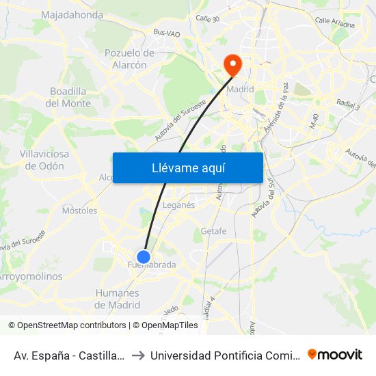 Av. España - Castilla La Vieja to Universidad Pontificia Comillas - Icade map
