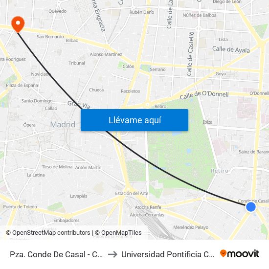 Pza. Conde De Casal - Conde De Casal to Universidad Pontificia Comillas - Icade map