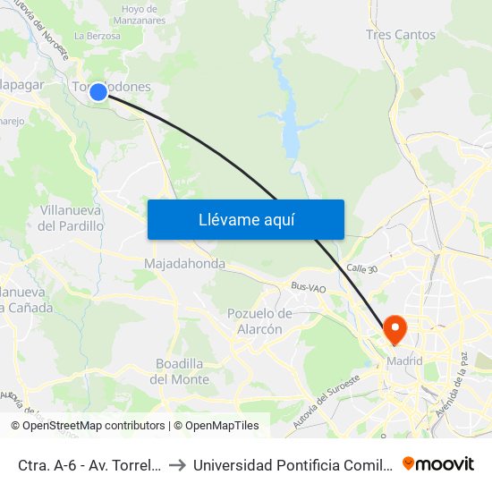 Ctra. A-6 - Av. Torrelodones to Universidad Pontificia Comillas - Icade map