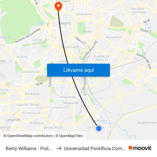 Betty Williams - Polideportivo to Universidad Pontificia Comillas - Icade map