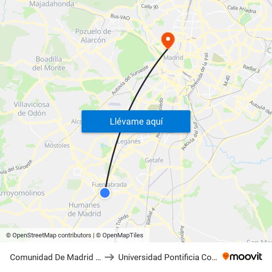 Comunidad De Madrid - Panaderas to Universidad Pontificia Comillas - Icade map