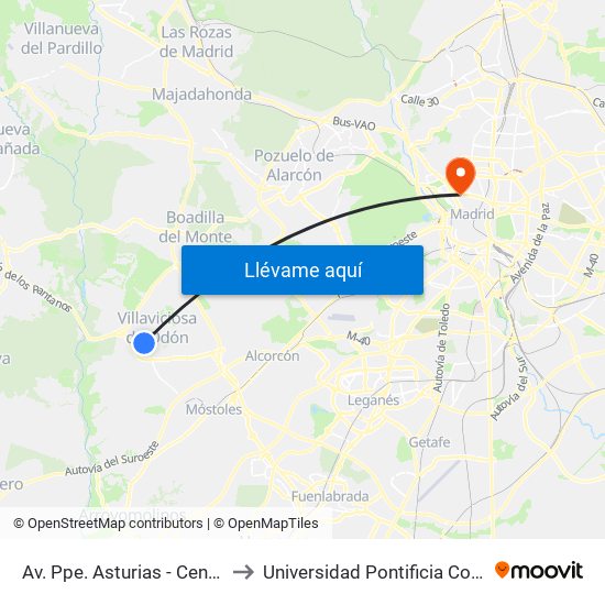 Av. Ppe. Asturias - Centro De Salud to Universidad Pontificia Comillas - Icade map