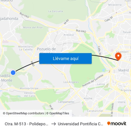 Ctra. M-513 - Polideportivo Piscinas to Universidad Pontificia Comillas - Icade map