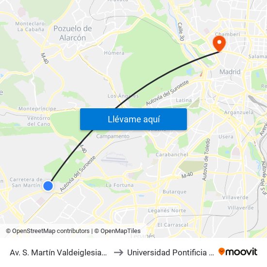 Av. S. Martín Valdeiglesias - C. C. Tres Aguas to Universidad Pontificia Comillas - Icade map