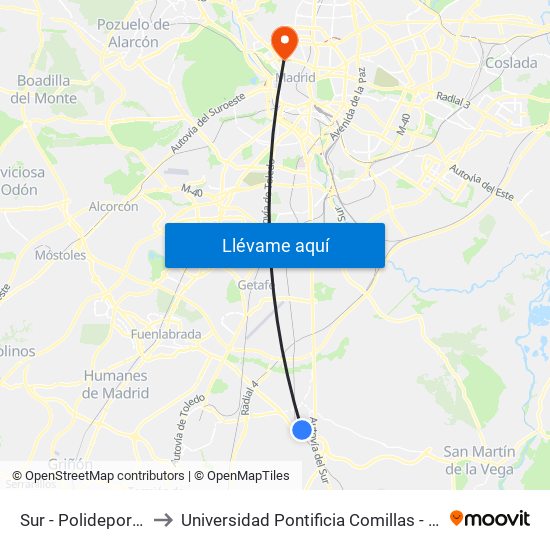 Sur - Polideportivo to Universidad Pontificia Comillas - Icade map