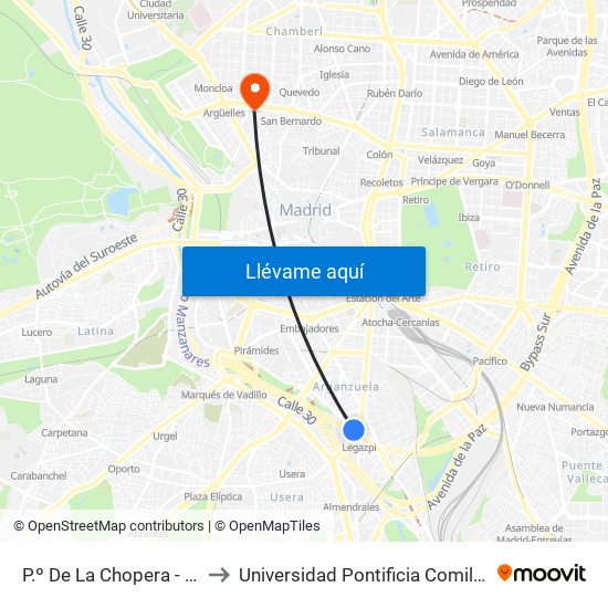 P.º De La Chopera - Legazpi to Universidad Pontificia Comillas - Icade map